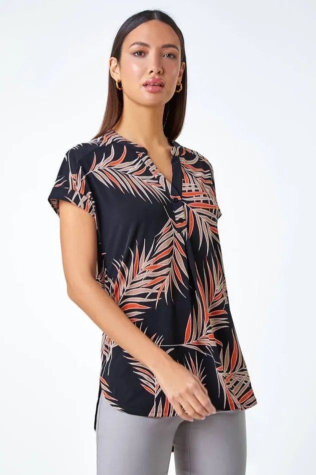 Rust Textured Tropical Print Overshirt Stretch Top Women Roman Tops
