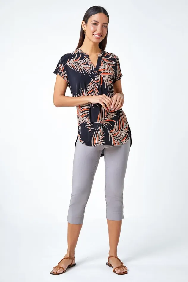 Rust Textured Tropical Print Overshirt Stretch Top Women Roman Tops