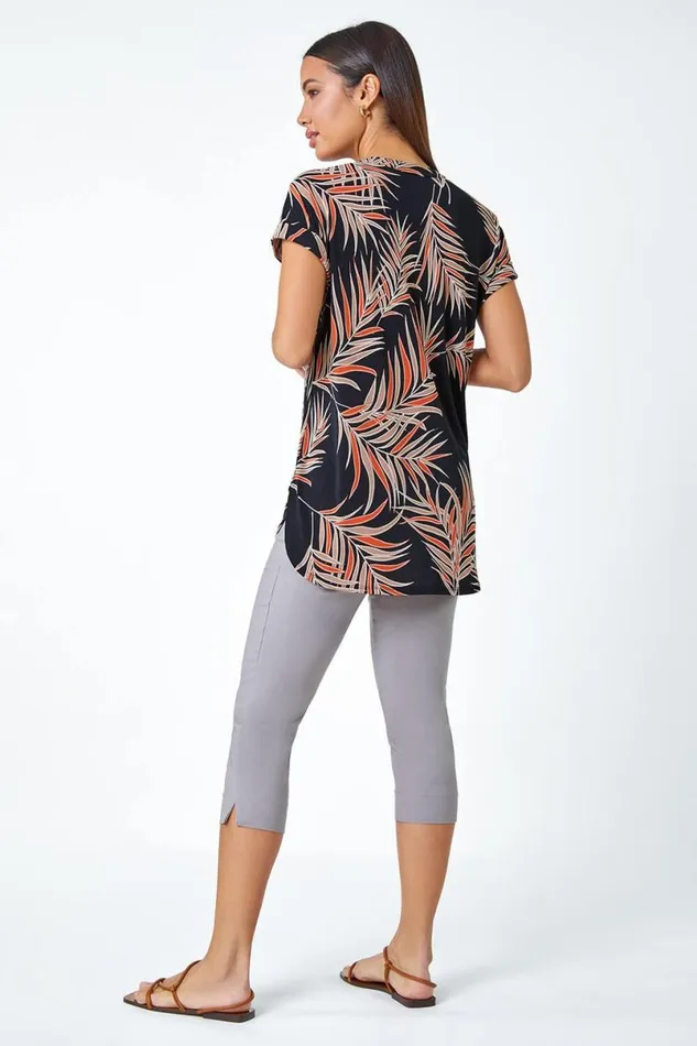 Rust Textured Tropical Print Overshirt Stretch Top Women Roman Tops