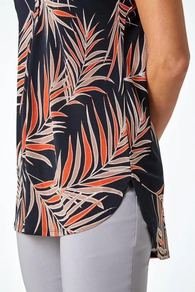 Rust Textured Tropical Print Overshirt Stretch Top Women Roman Tops