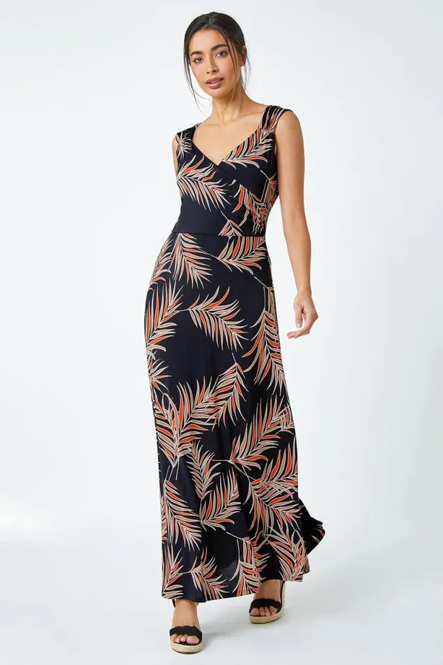 Rust Tropical Puff Print Wrap Maxi Dress Women Roman Dresses