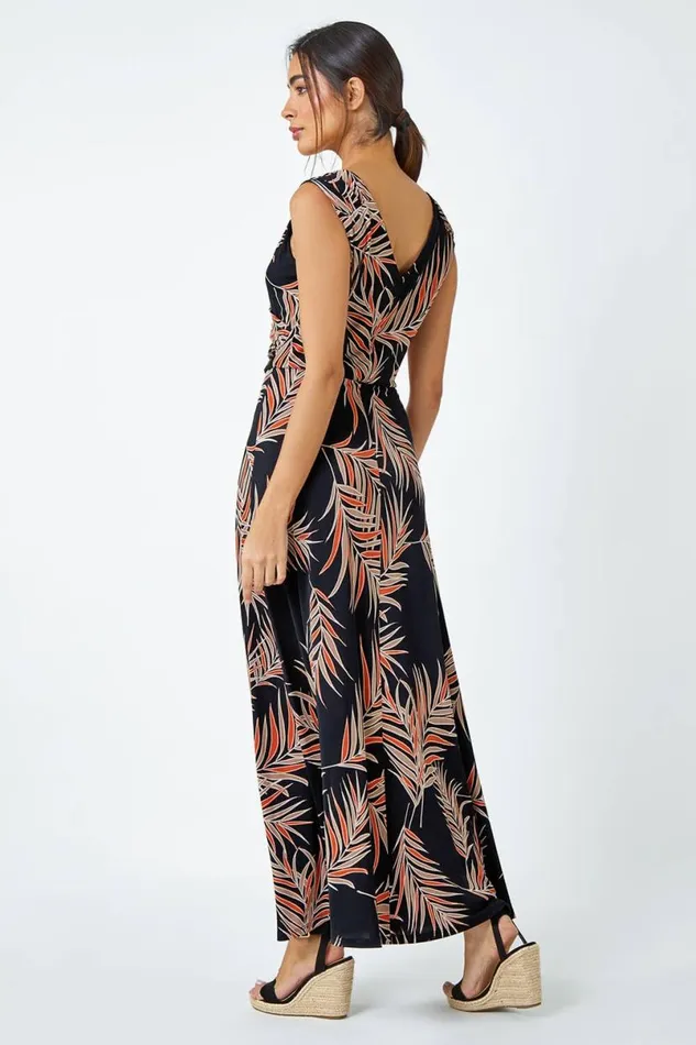 Rust Tropical Puff Print Wrap Maxi Dress Women Roman Dresses