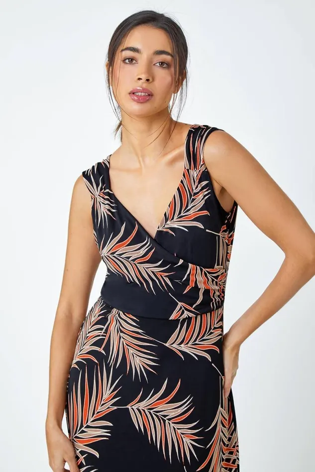 Rust Tropical Puff Print Wrap Maxi Dress Women Roman Dresses