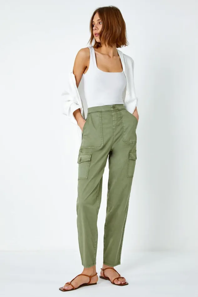 Sage Casual Elastic Waist Cargo Stretch Trousers Women Roman Trousers