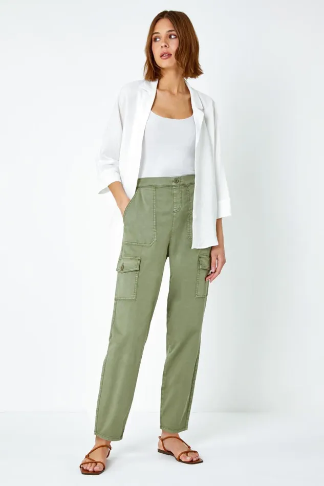 Sage Casual Elastic Waist Cargo Stretch Trousers Women Roman Trousers