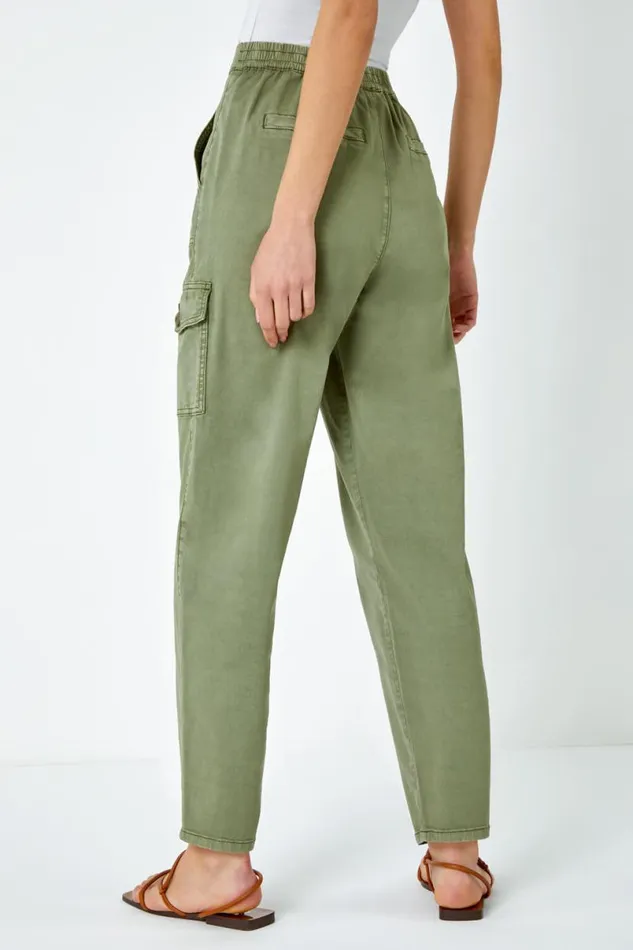 Sage Casual Elastic Waist Cargo Stretch Trousers Women Roman Trousers