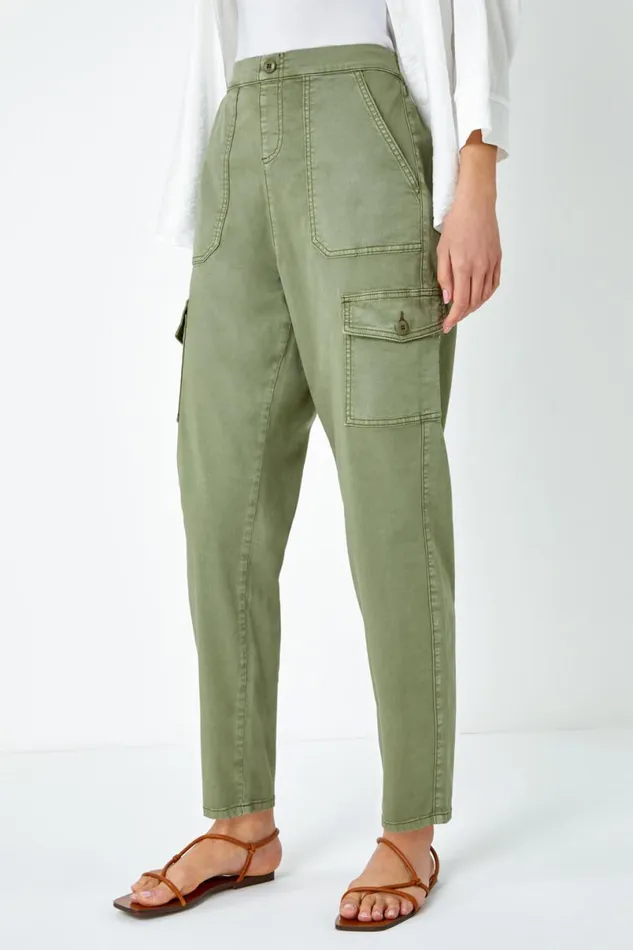 Sage Casual Elastic Waist Cargo Stretch Trousers Women Roman Trousers