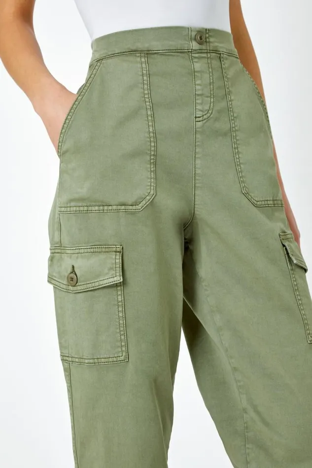Sage Casual Elastic Waist Cargo Stretch Trousers Women Roman Trousers