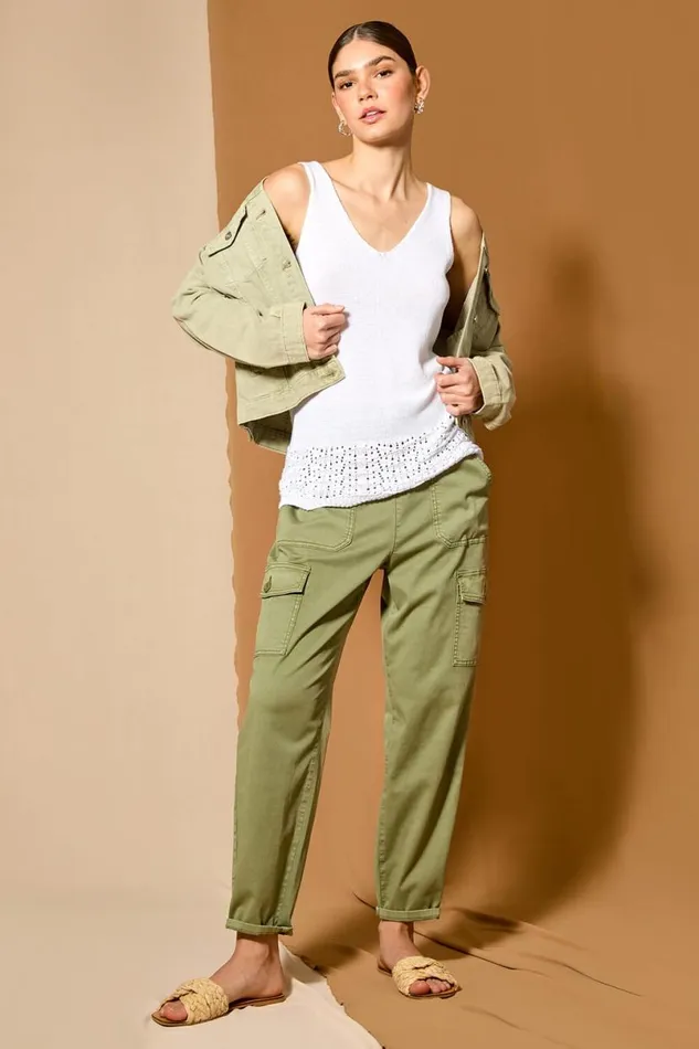 Sage Casual Elastic Waist Cargo Stretch Trousers Women Roman Trousers