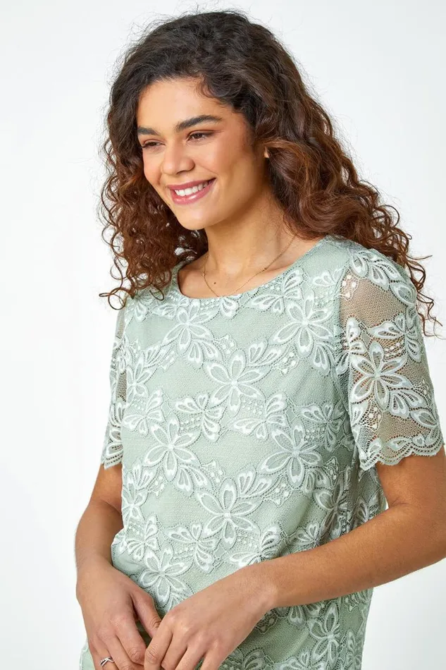 Sage Floral Stretch Lace Top Women Roman Tops