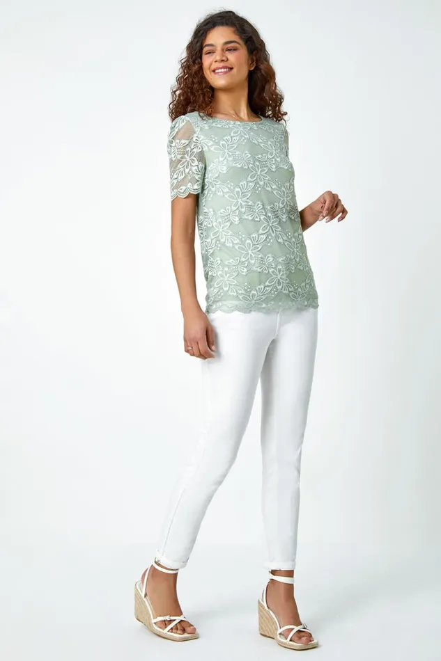 Sage Floral Stretch Lace Top Women Roman Tops
