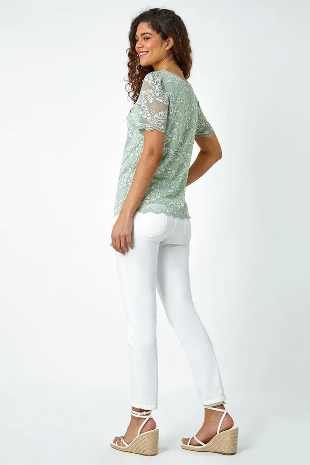 Sage Floral Stretch Lace Top Women Roman Tops