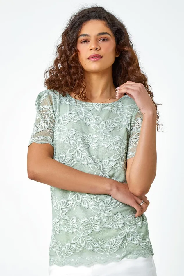 Sage Floral Stretch Lace Top Women Roman Tops