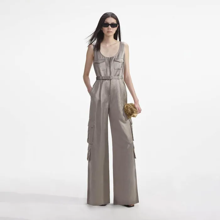 Self Portrait Bottoms Beige Satin Jumpsuit 8211 Women
