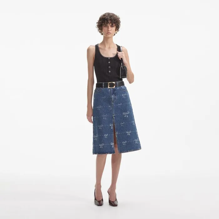 Self Portrait Denim Bow Print Denim Midi Skirt 8211 Women