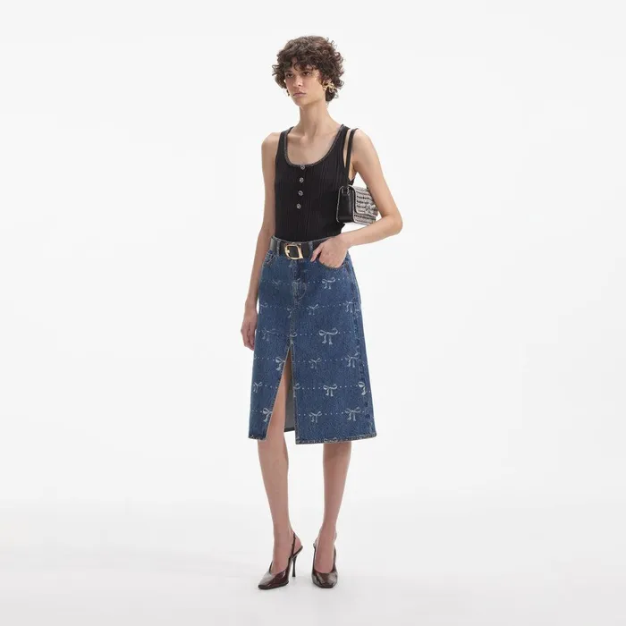 Self Portrait Denim Bow Print Denim Midi Skirt 8211 Women