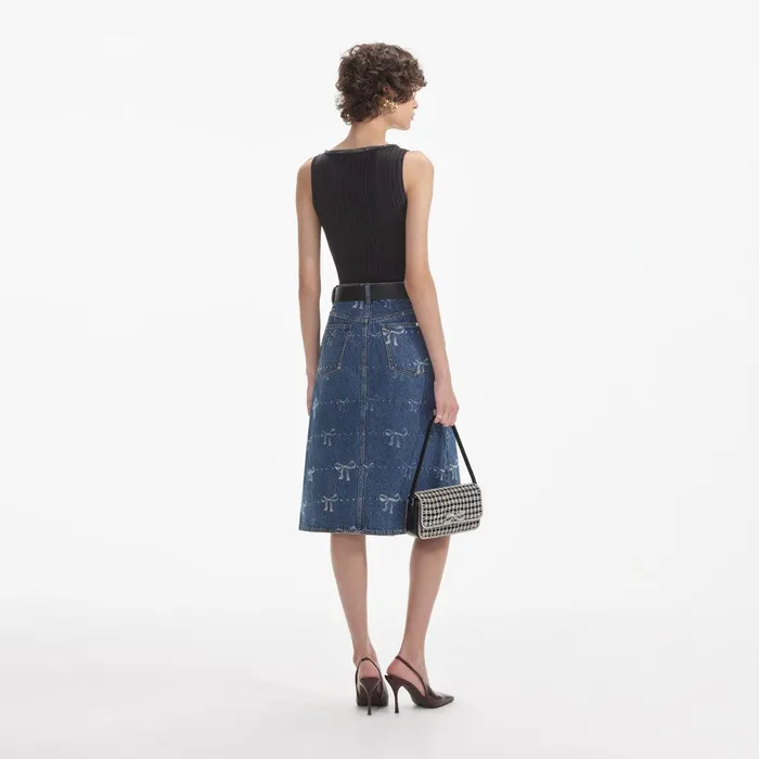 Self Portrait Denim Bow Print Denim Midi Skirt 8211 Women