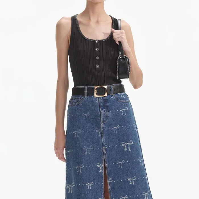 Self Portrait Denim Bow Print Denim Midi Skirt 8211 Women