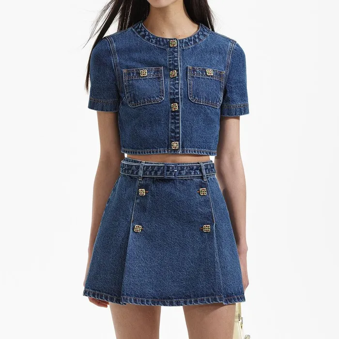 Self Portrait Denim Denim Short Sleeve Crop Top 8211 Women