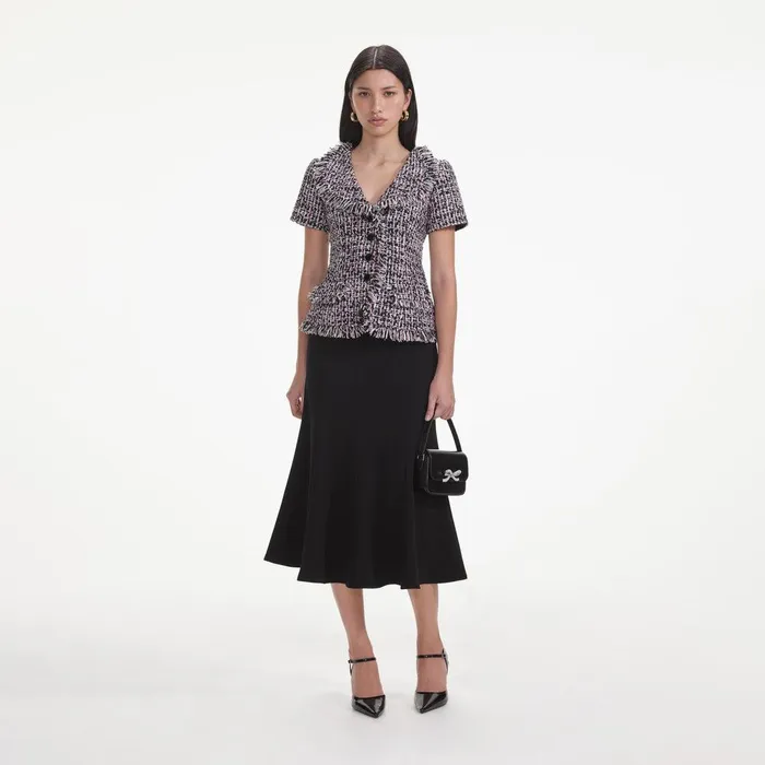 Self Portrait Dresses Black Boucle Fringed Midi Dress 8211 Women