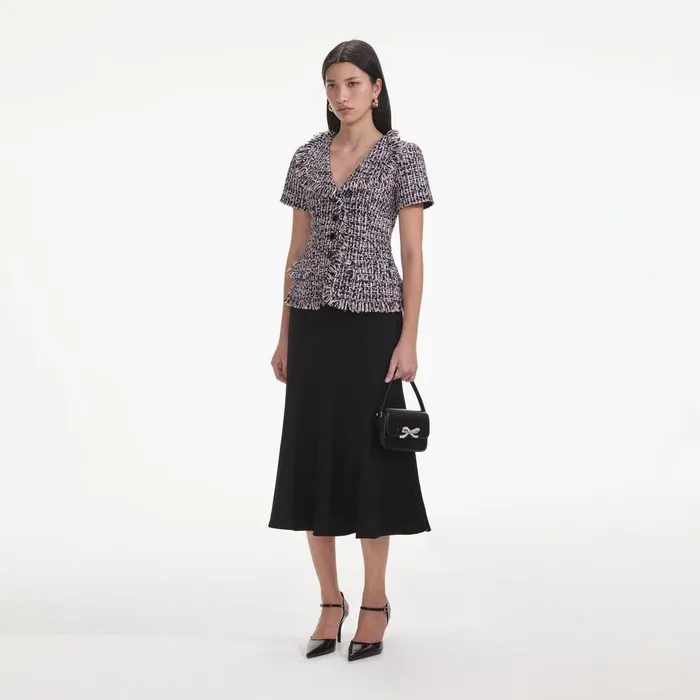 Self Portrait Dresses Black Boucle Fringed Midi Dress 8211 Women