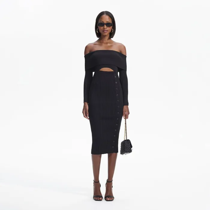 Self Portrait Dresses Black Off Shoulder Knit Midi Dress 8211 Women