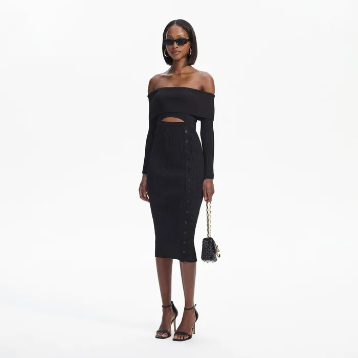 Self Portrait Dresses Black Off Shoulder Knit Midi Dress 8211 Women