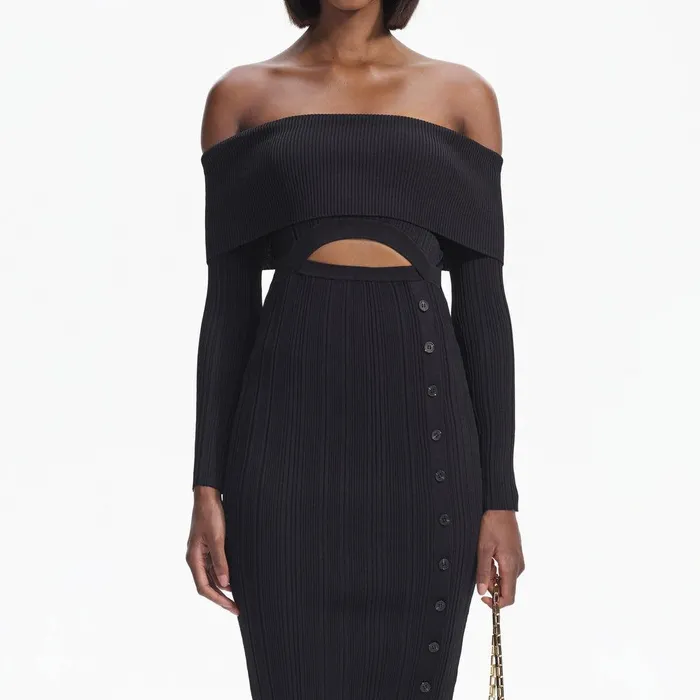 Self Portrait Dresses Black Off Shoulder Knit Midi Dress 8211 Women