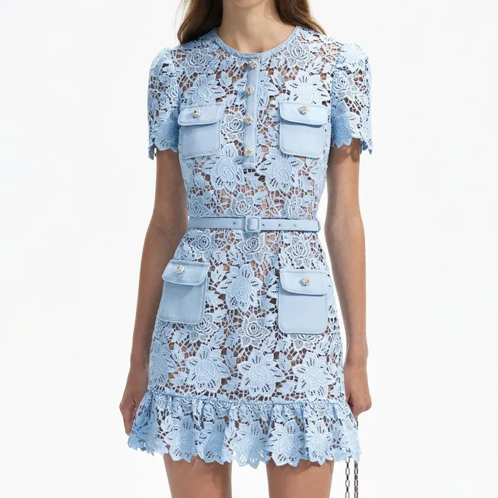 Self Portrait Dresses Blue Lace Peplum Mini Dress 8211 Women
