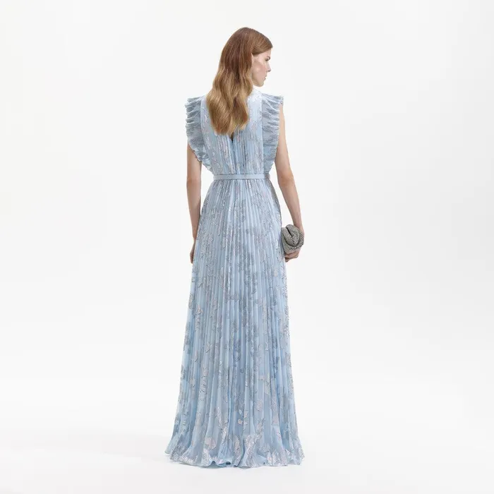 Self Portrait Dresses Blue Metallic Chiffon Maxi Dress 8211 Women