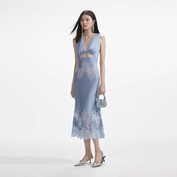 Self Portrait Dresses Blue Satin Lace Insert Midi Dress 8211 Women