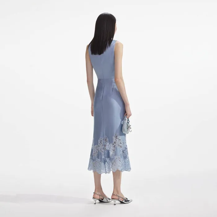 Self Portrait Dresses Blue Satin Lace Insert Midi Dress 8211 Women