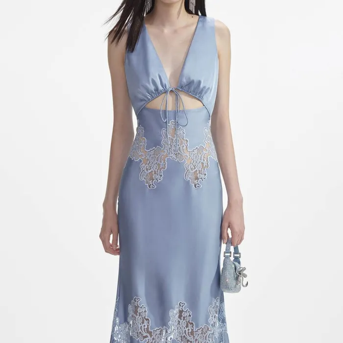 Self Portrait Dresses Blue Satin Lace Insert Midi Dress 8211 Women