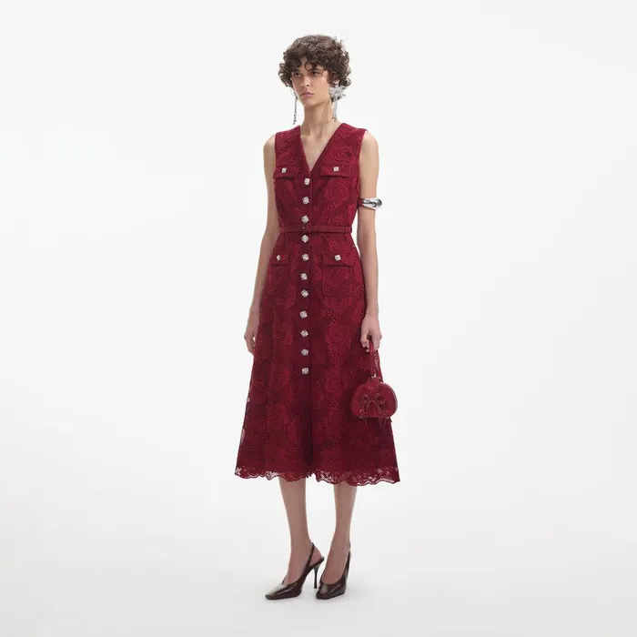 Self Portrait Dresses Burgundy Lace Buttoned Midi Dress 8211 Women