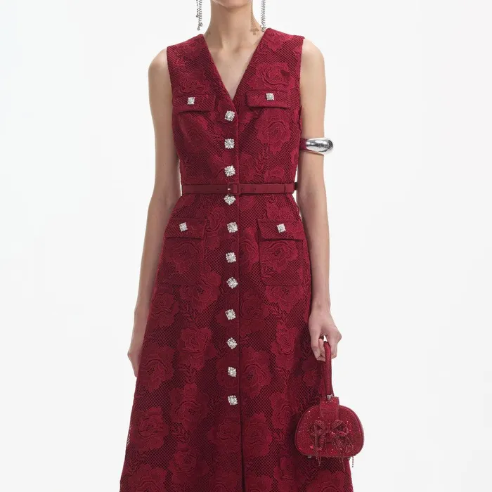 Self Portrait Dresses Burgundy Lace Buttoned Midi Dress 8211 Women