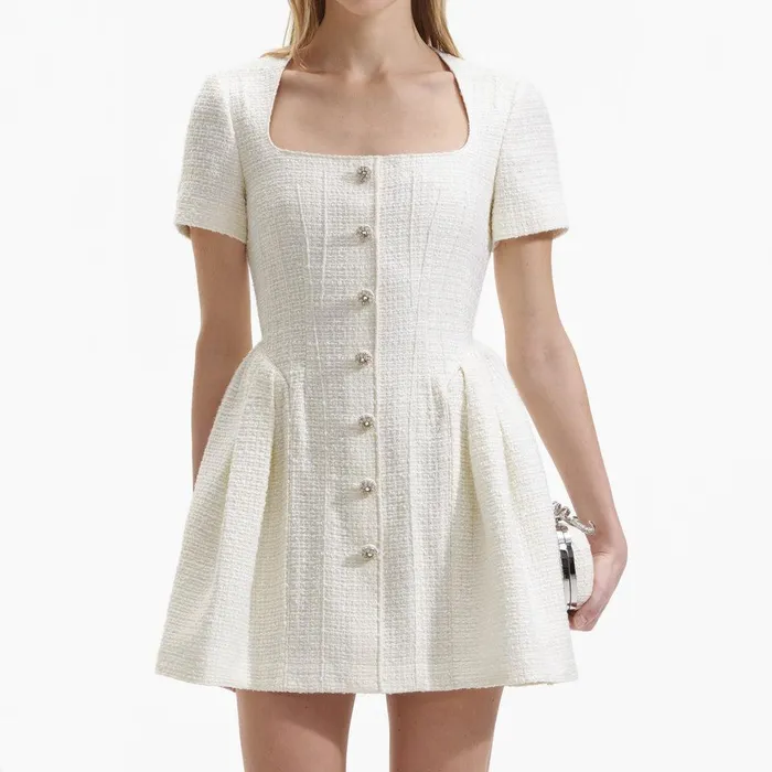 Self Portrait Dresses Cream Boucle Short Sleeve Mini Dress 8211 Women