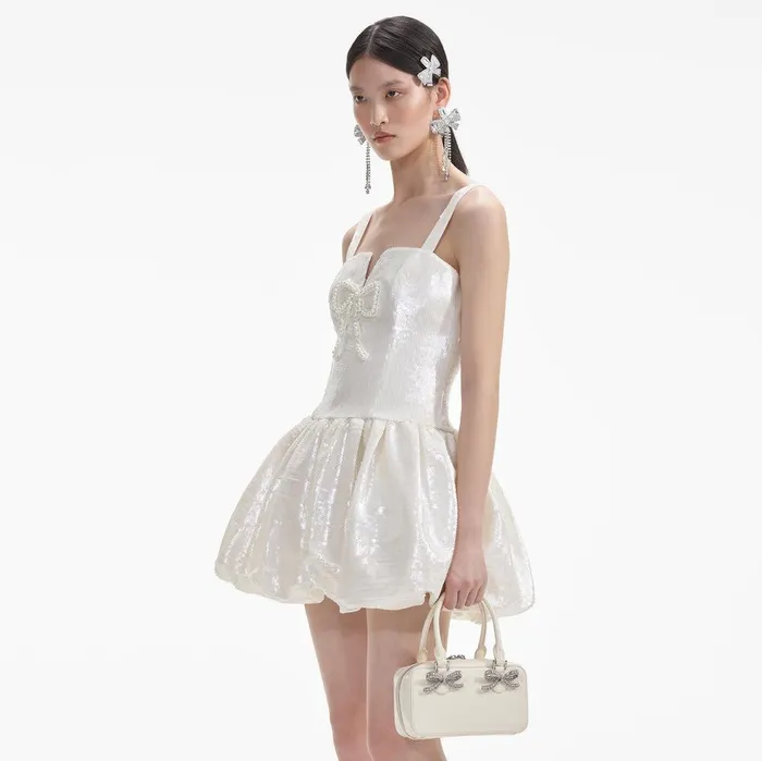 Self Portrait Dresses Cream Sequin Bow Mini Dress 8211 Women