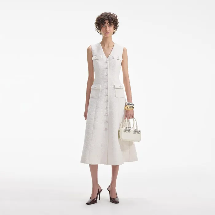 Self Portrait Dresses Cream Tinsel Boucle Buttoned Midi Dress 8211 Women