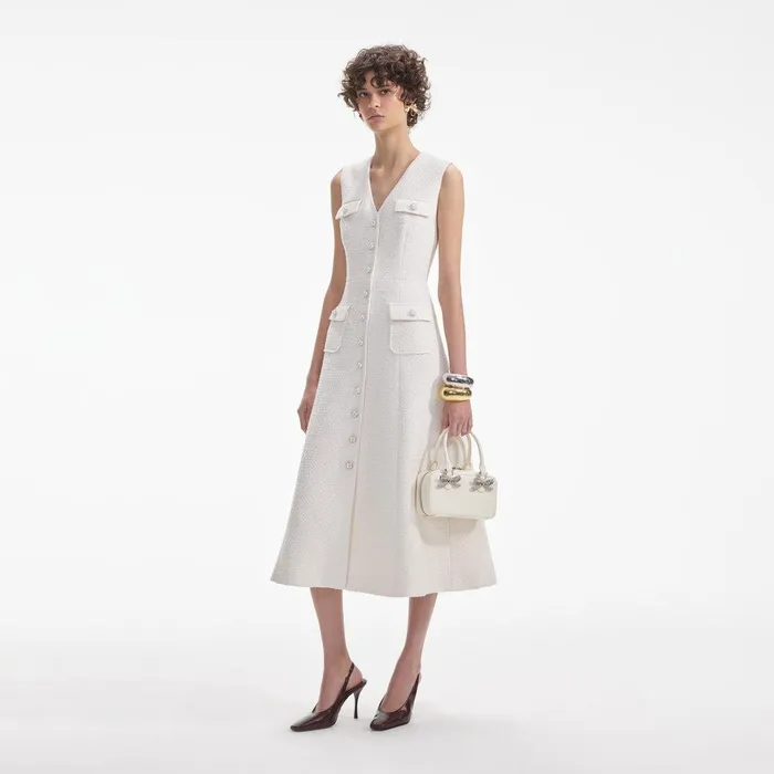 Self Portrait Dresses Cream Tinsel Boucle Buttoned Midi Dress 8211 Women