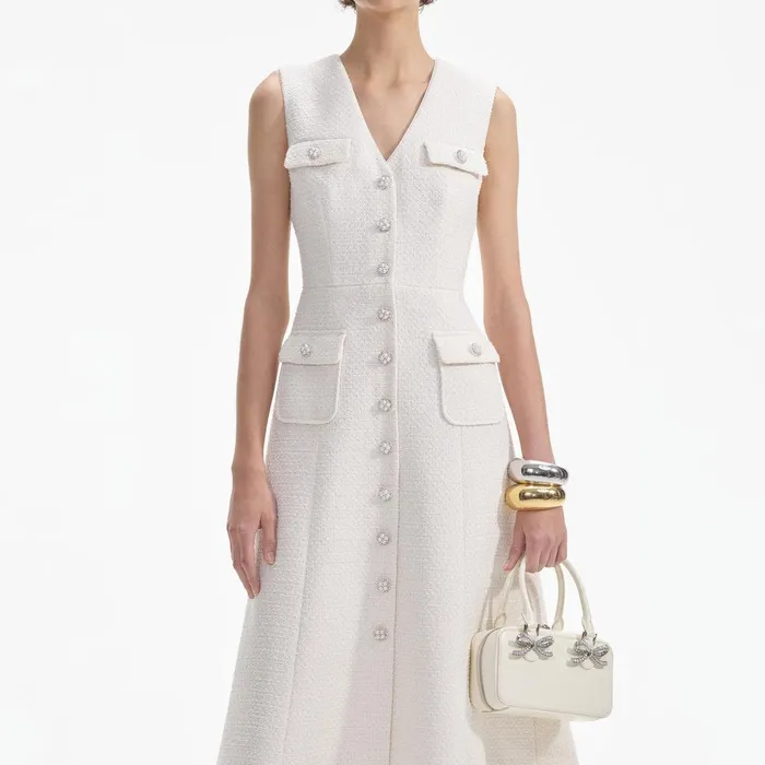 Self Portrait Dresses Cream Tinsel Boucle Buttoned Midi Dress 8211 Women