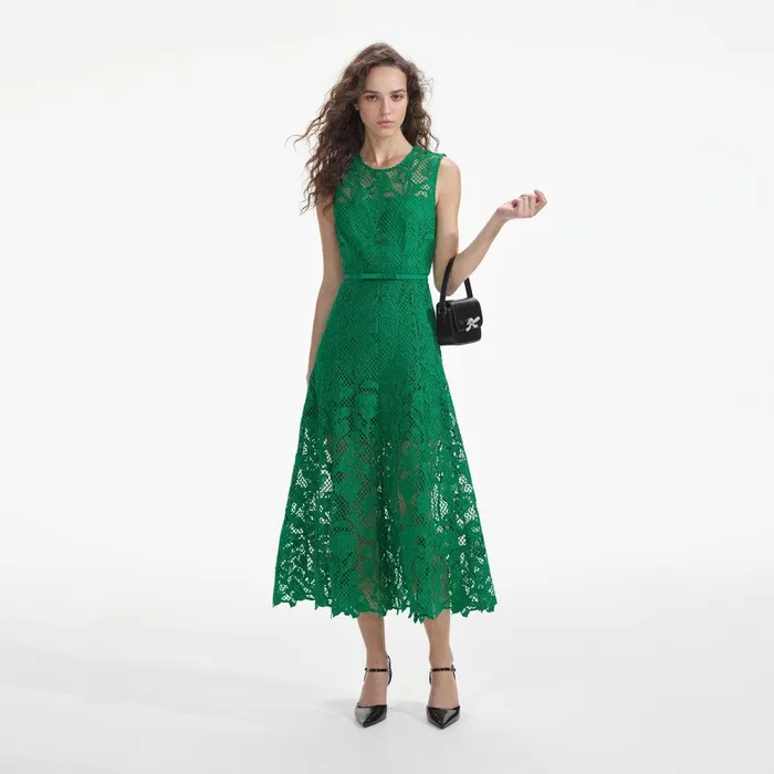 Self Portrait Dresses Green Lace Sleeveless Midi Dress 8211 Women