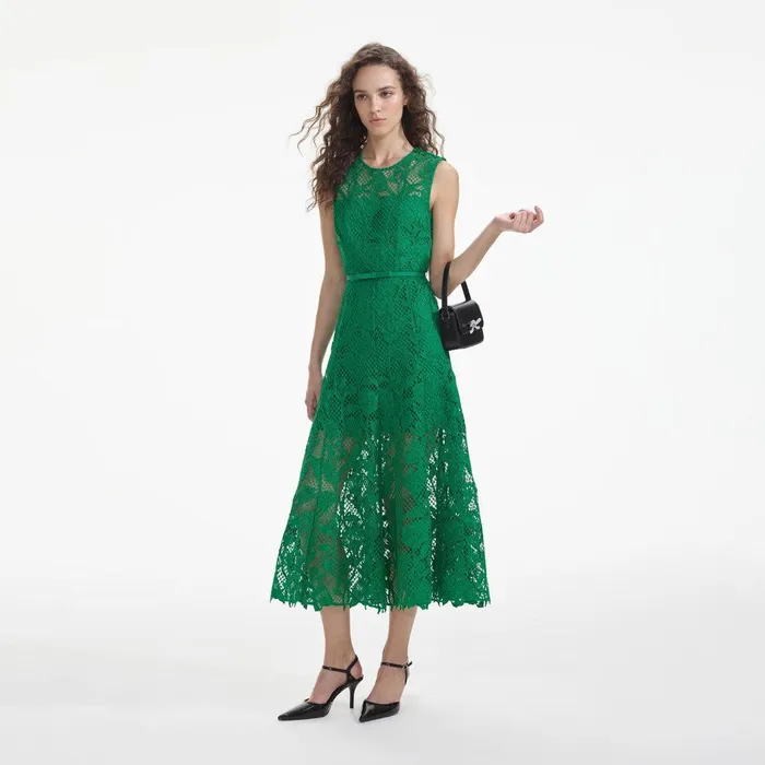 Self Portrait Dresses Green Lace Sleeveless Midi Dress 8211 Women