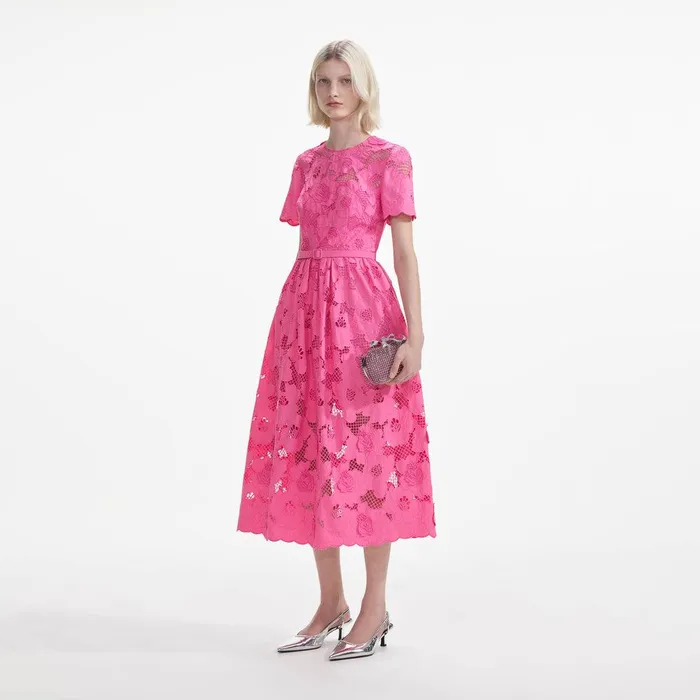 Self Portrait Dresses Pink Cotton Lace Midi Dress 8211 Women