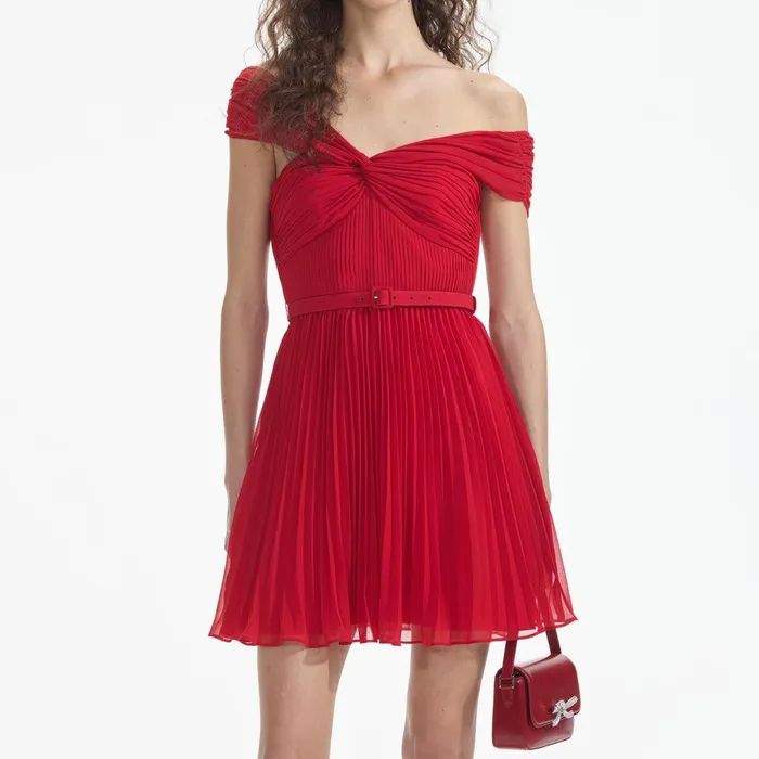 Self Portrait Dresses Red Off Shoulder Chiffon Mini Dress 8211 Women