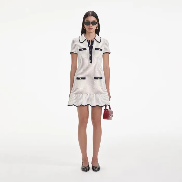 Self Portrait Knitwear Cream Crochet Collared Mini Dress 8211 Women