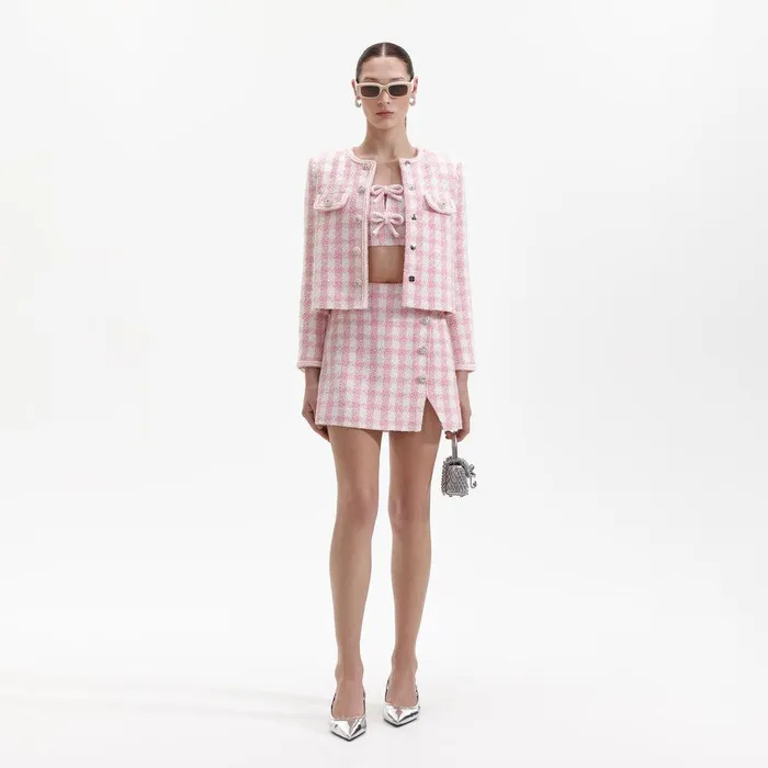 Self Portrait Outerwear Pink Check Boucle Jacket 8211 Women