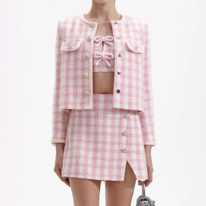 Self Portrait Outerwear Pink Check Boucle Jacket 8211 Women