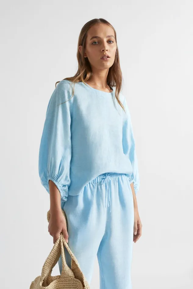 Sets Woman Seed Heritage Core Linen Balloon Sleeve Top Shimmer Blue Crossdye
