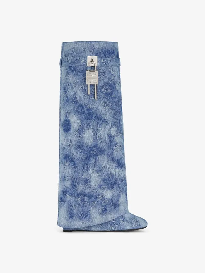 Shark Lock Boots In Denim With Floral Embroidery Medium Blue Women Givenchy Shark Lock