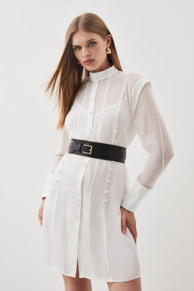 Shirts Women Karen Millen Military Belted Sheer Woven Shirt Ivory